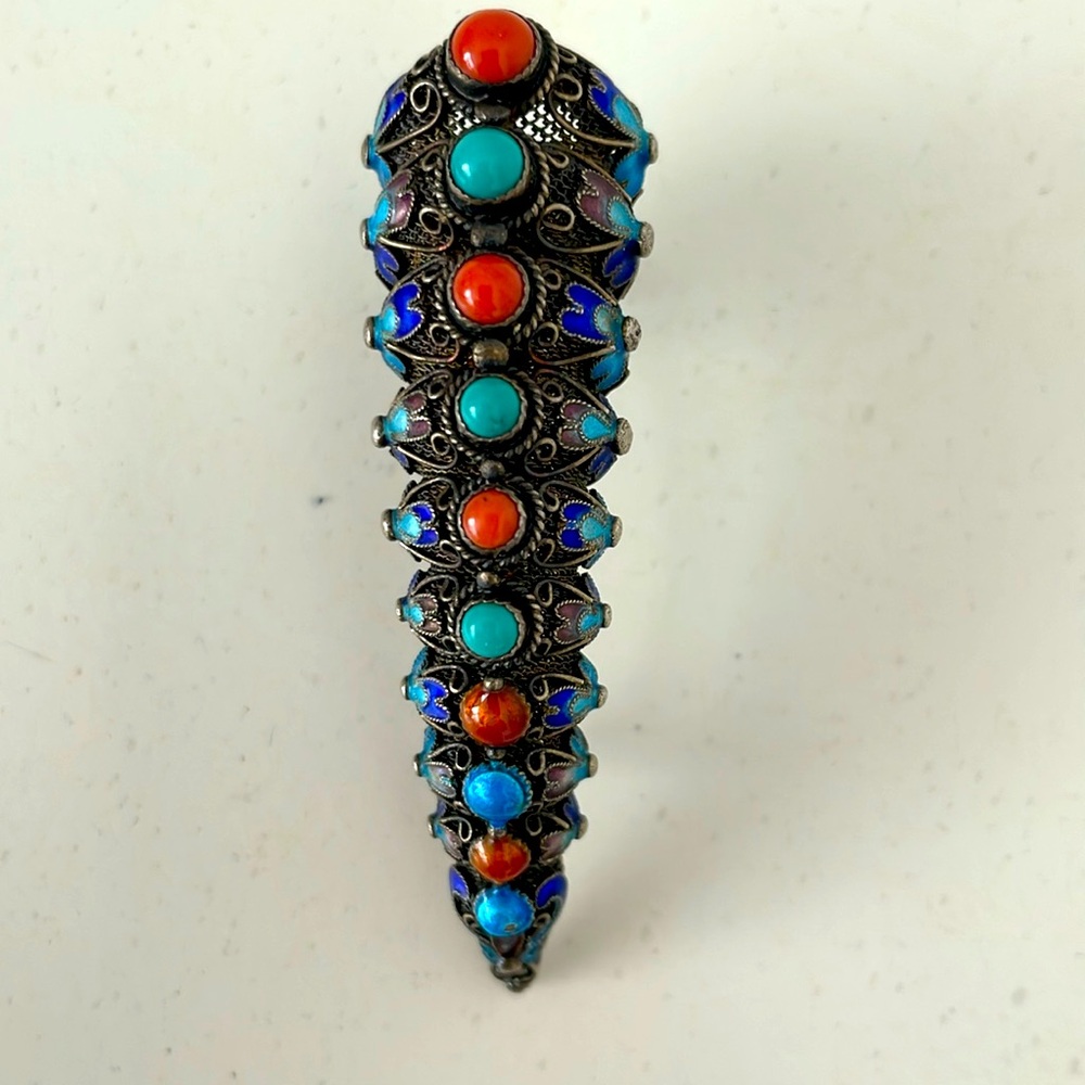 Antique intricate silver lace enamel brooch